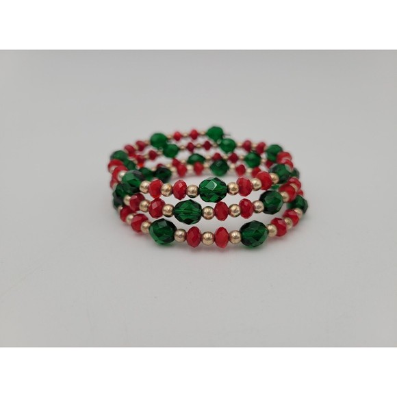 Vintage Red & Green Glass Bead Coil Bracelet Holiday Jewelry Gold Tone Beads - Picture 5 of 5